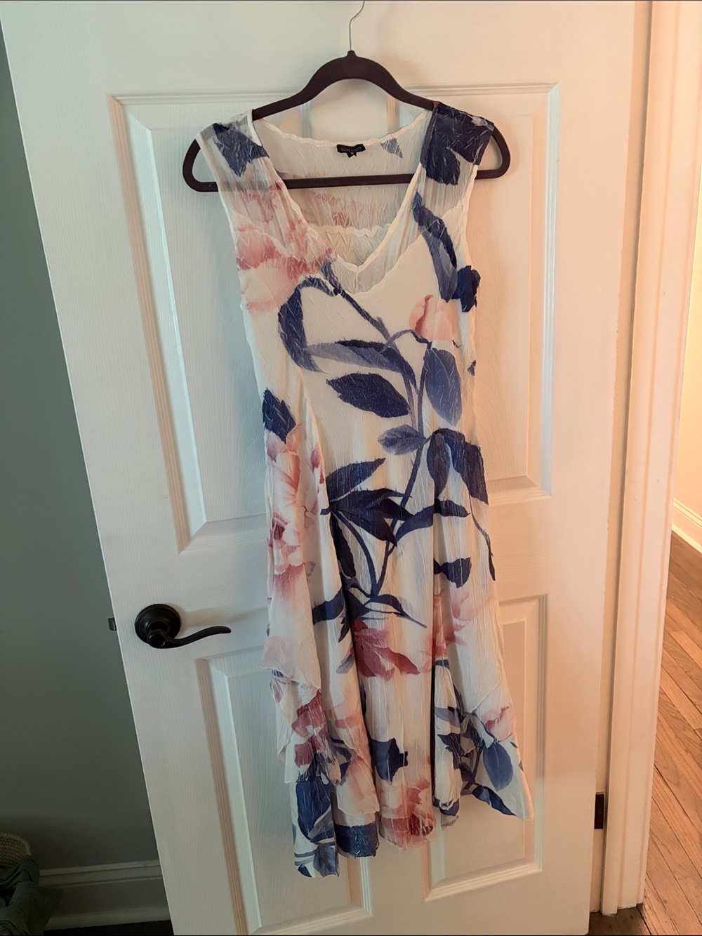 Komarov White Floral High-Low Dress with Blue & Pink Print